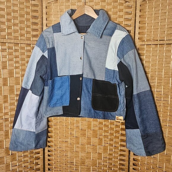 The Morgan Factory Upcycled Cropped Denim Jacket S-M NWT - Picture 3 of 8